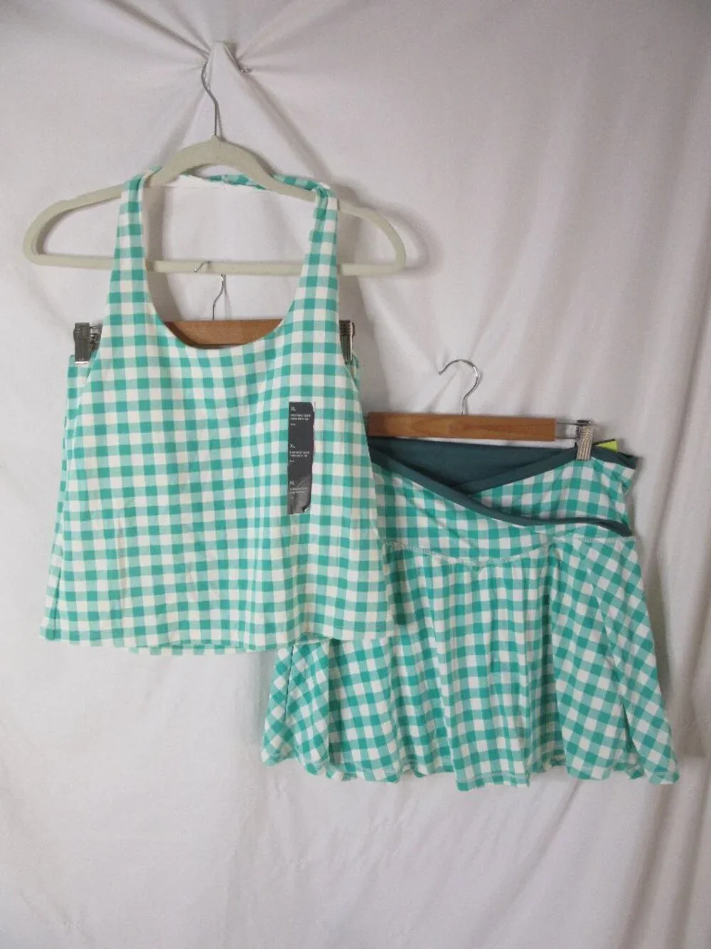 All in Motion 2 Piece Active Set Skort Halter Green White Gingham Size XL NWT